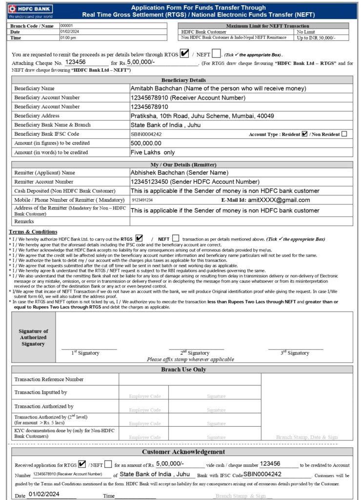 HDFC Bank RTGS Form Filling